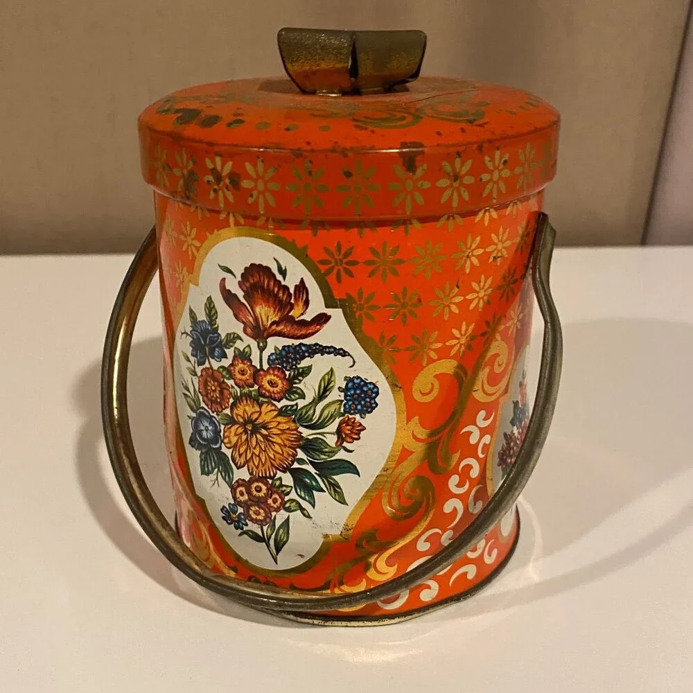 Vintage English Orange Floral Toffee Tin Canister 4.5x3.5 Cottagecore